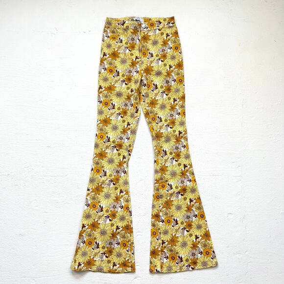 Forever 21 Women’s 70s Floral Bell Bottom Flare Jeans High Rise Yellow Size 25 - Picture 1 of 6